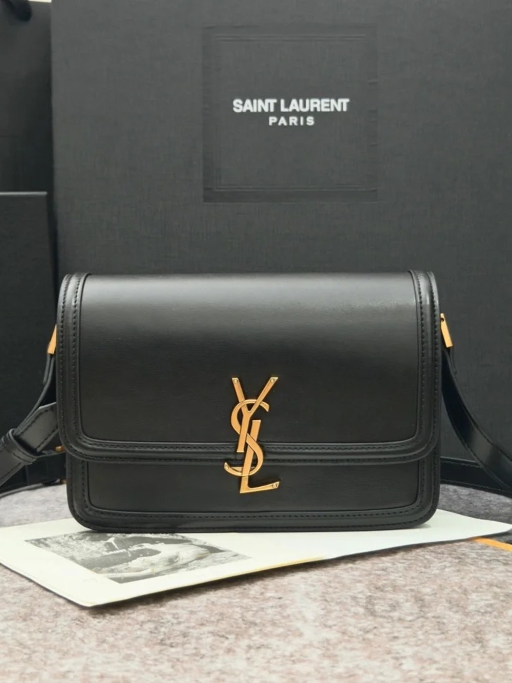 Saint Laurent Black Leather YSL Monogram Shoulder Bag with Gold Hardware